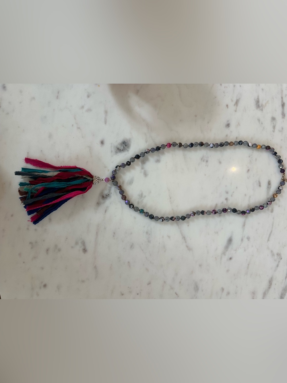 Source Unknown Multicolor Beaded Tassel Necklace with Deep Pink Accent